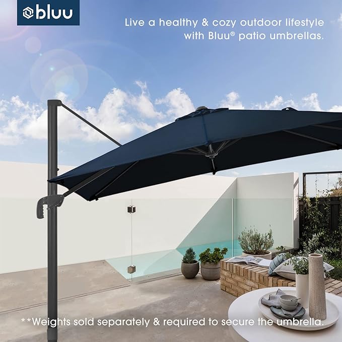 BLUU SYCAMORE 8.2 * 8.2 FT Square Cantilever Patio Umbrella, Aluminum Outdoor Offset Umbrella with UV Protection Solution-dyed Fabric Canopy, 360° Rotation Infinite Tilt & Cross Base (Navy Blue)