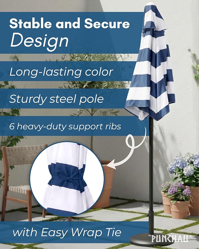 6 Ft Outdoor Patio Umbrella, Easy to Open/Close Crank and Push Button Tilt Adjustment - Navy Blue Striped Market Umbrellas