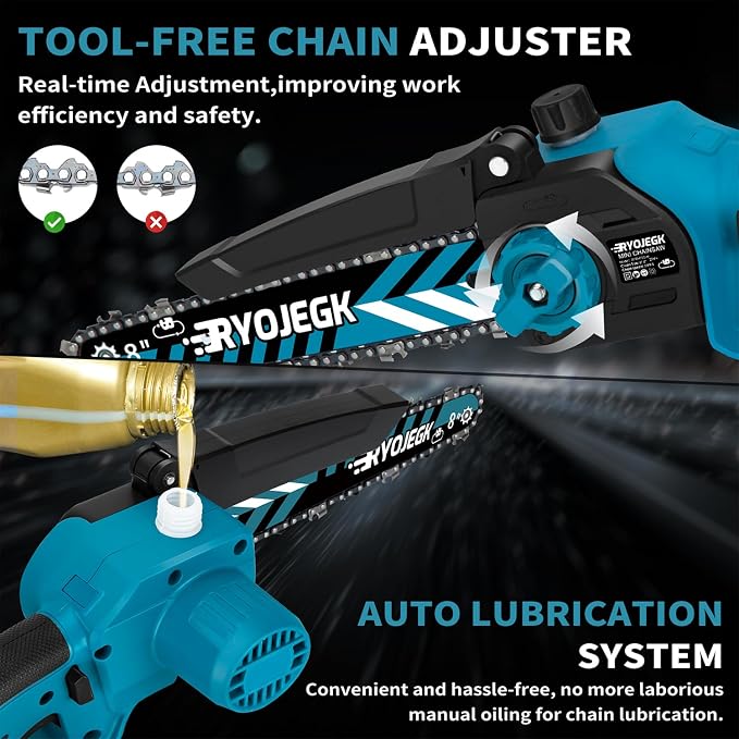 RYOJEGK 8 & 6 Inch Brushless Mini Chainsaw,2×4.0Ah Battery Tool-Free Installation Small Cordless Chain Saw with 4 Chain Guide,Portable Motosierra De Bateria for Tree Trimming & Branch Wood Cutting
