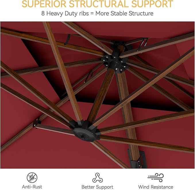 10x13 FT Wood Pattern Patio Umbrella with Base, Large Deluxe Cantilever Rectangular Double Top Heavy Duty Offset Umbrellas with 360° Rotation, Outdoor shade for Garden Pool Patio, Red