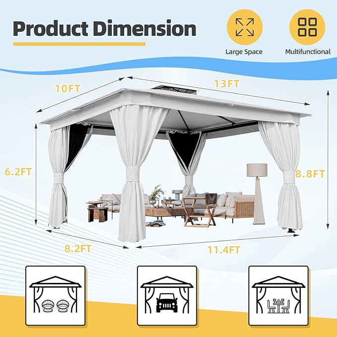 MELLCOM 10'x13' Outdoor Gazebo for Patio, White, Heavy Duty Party Tent with Double Roofs, Outdoor Canopy with Curtains and Nettings for Deck, Lawn and Backyard