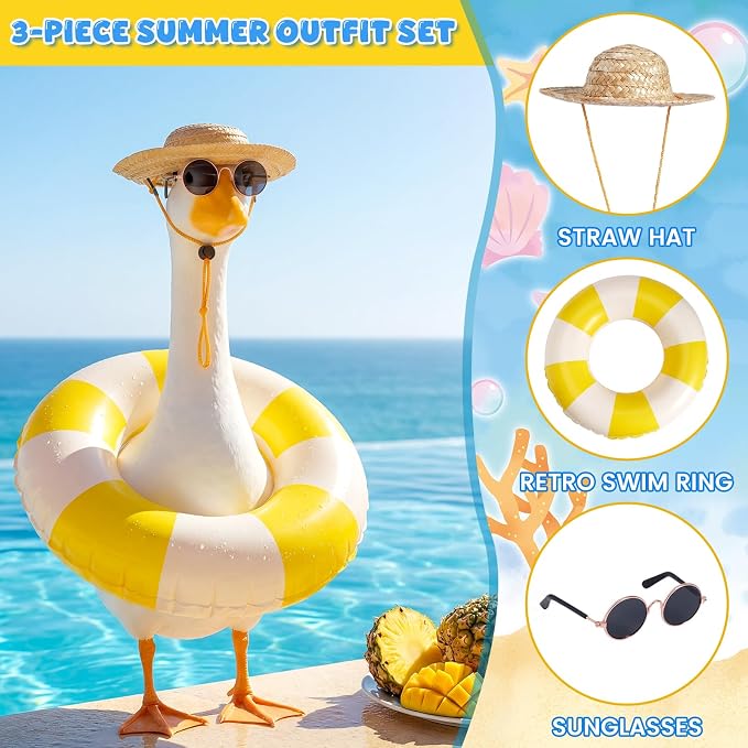 Porch Goose Summer Outfit 3PCS Set, Straw Hat, Swim Ring, Sunglasses | 17/23 Inch Plastic Concrete Cement Lawn Goose Statue, Hawaiian Geese Costume for Garden Outdoor Yard Patio Decor