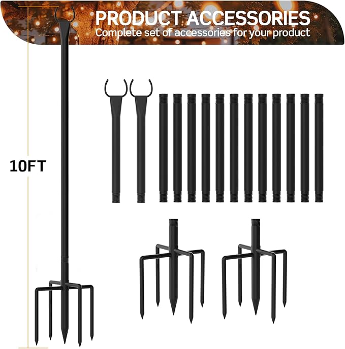 String Light Poles for Outside, 10ft Outdoor Poles for String Lights, Heavy Duty Stepped-in 5-Prong Base Light Pole for Backyard, Patio, Garden, Wedding & Party Decor (2 Pack)