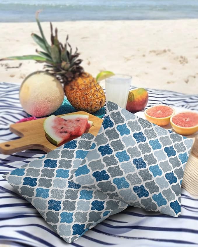 Morocco Outdoor Pillow Shams Set of 2, Decorative Pillowcases Cushion Case, Soft Throw Pillow Covers Waterproof Pillow Case 16x16 Inch, Blue Grey Geometry Retro