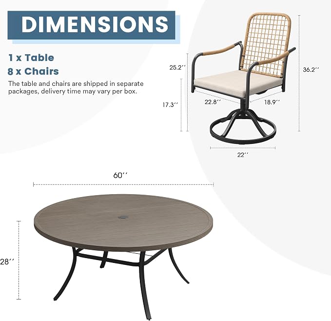 DIFY 9 Pieces Outdoor Dining Set for 8, 60" Round Dining Table with Umbrella Hole & Wicker Swivel Patio Chairs with Cushions, Metal Patio Table and Chairs Set for Backyard Porch, Grey Wood-Like