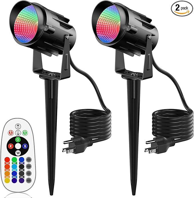 Outdoor Spotlights RGBW Led Lights, 12W Color Changing Landscape Lighting for Garden House Tree, 120V Waterproof Outdoor Spot Lights for Yard with Remote Control (2 Pack)