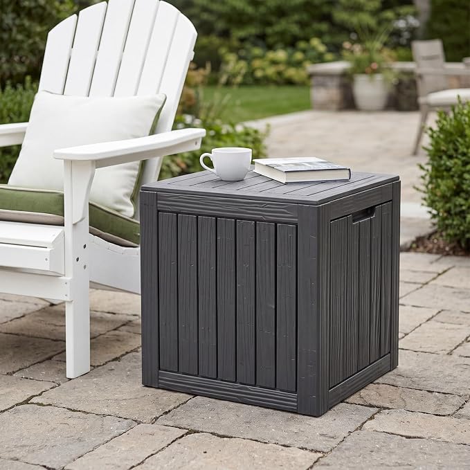 MAKINO 31 Gallon Resin Outdoor Storage Box, Waterproof Deck Box with Lockable Lid, Outside Storage Box for Patio Furniture, Pool Accessories, Garden Tools, Storage Bench for Backyard, Porch, Black