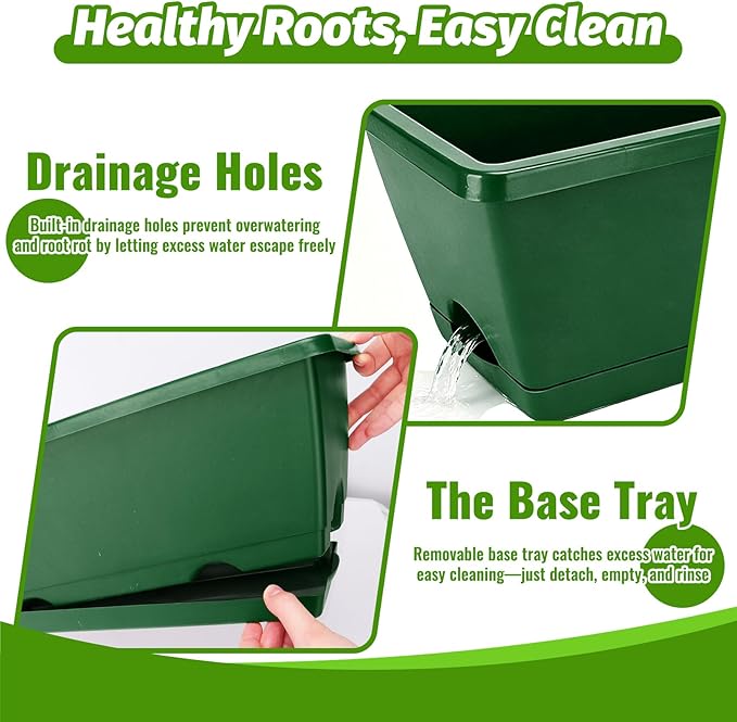7 Pack Window Box Planters, 17 Inch Plastic Rectangular Flower Pots for Indoor/Outdoor Plants, Herbs, Vegetables, Includes Trowel, Waterproof Mat & Gloves (Deep Green)