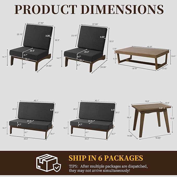 UIXE 6 Pieces Wood Patio Furniture Sets, 2 Patio Loveseat, 2 Patio Bistro Chair, All Weather Outdoor Sectional Sofa Furniture Backyard Conversation Set with Coffee Table - Dark Gray