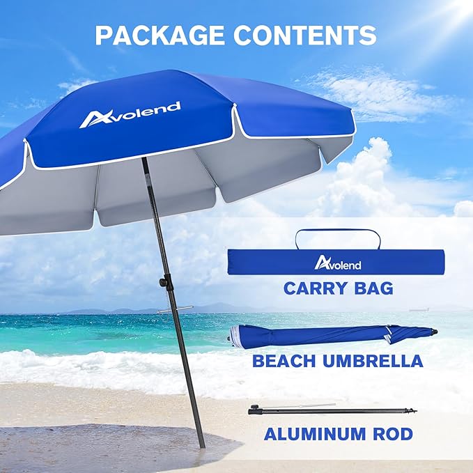8.5FT Beach Umbrella, Portable Outdoor Umbrellas for Sand with Anchor Heavy Duty High Windproof, Height Adjustable Tilt Iron Pole, Patio Umbrella UV 50+ Protection Air Vent, Patio Garden Pool
