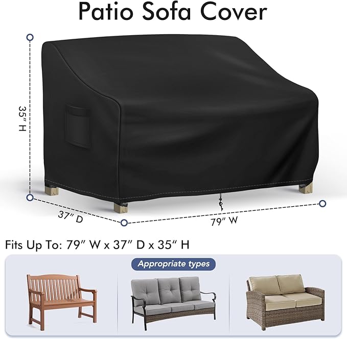 Richwon Outdoor Couch Cover Waterproof, 3-Seater Outdoor Sofa Cover, Patio Furniture Covers with Air Vent and Handles, 79W x 37D x 35H Inches, Black