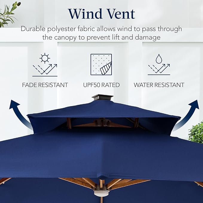 Best Choice Products 10ft Square Cantilever Patio Umbrella w/Base Included, Woodgrain Pattern Pole & Solar LED Lights, 360-Rotation, Offset Hanging Outdoor Shade