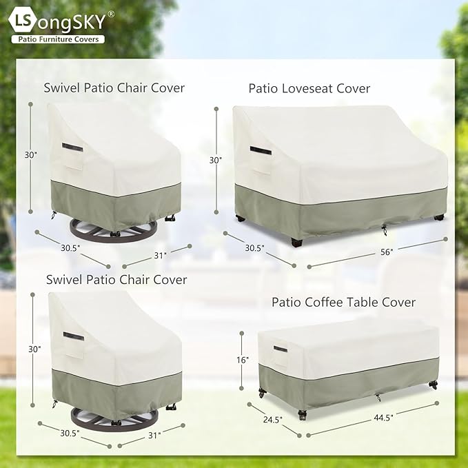Patio Furniture Covers 4 Piece Set, 600d Heavy Duty Outdoor Furniture Covers Waterproof for Patio Loveseat, Swivel Rocker Chair and Coffee Table,White&Grayish Green