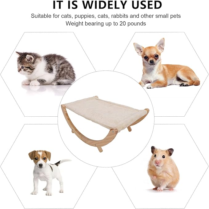 Wooden Cat Hammock, Elevated Cat Swing Bed with Removable Cushion, Foldable Breathable Anti Slip Design for Cats Puppies Rabbits, All Seasons Indoor Outdoor Pet Lounger