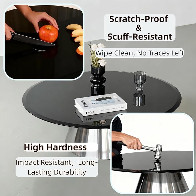 28 inch Round Glass Table Top - Black Tempered Glass Surface Protector - Safe 3/8" Thick Beveled Edge - Useful for Replacement,Dining Table, Patio, Coffee and End Table,Indoor & Outdoor