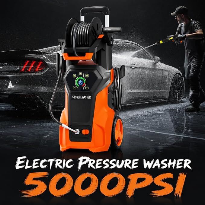 𝟓𝟎𝟎𝟎𝐏𝐒𝐈 𝐏𝐫𝐞𝐬𝐬𝐮𝐫𝐞 𝐖𝐚𝐬𝐡𝐞𝐫 Cleaner, Portable Car Washer with 4 Quick Connect Nozzles, Foam Cannon (Orange)