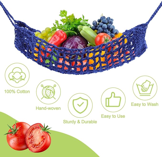 Macrame Fruit Hammock 1 Pack Cotton Fruit Holder Net Under Cabinet Veggie Storage Space Saving Kitchen Decor with Hooks (Sapphire Blue)