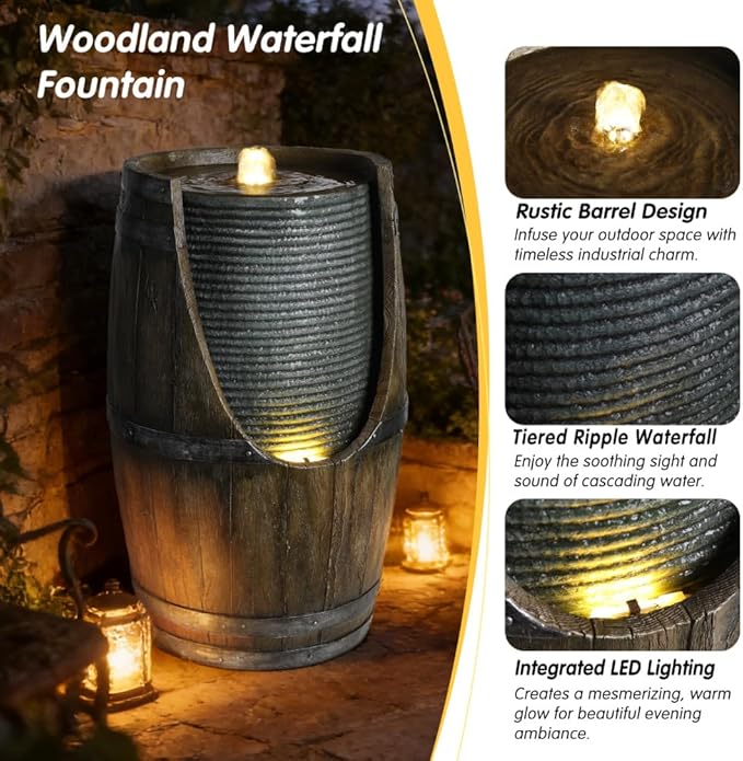24.8'' Outdoor LED Water Fountain with Rustic Wood Barrel Look and Waterfall for Garden Patio
