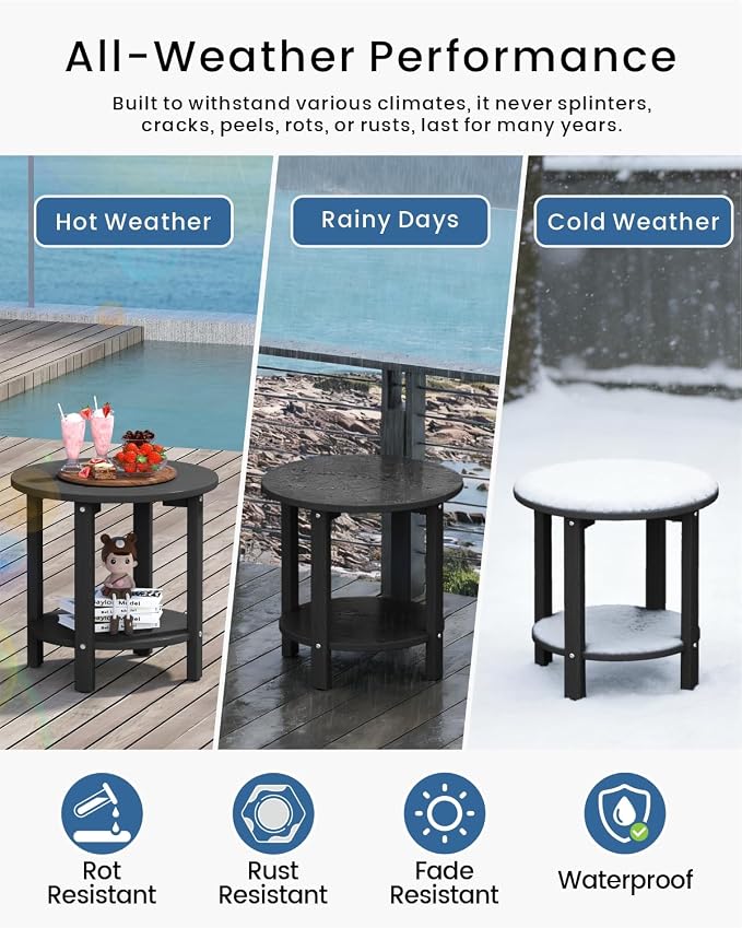 HDPE Round Outdoor Side Table, 18.1-Inch Weatherproof Small Outdoor Table for Adirondack, 2-Tier Patio End Table for Garden Backyard Porch Deck Balcony Poolside (Black)