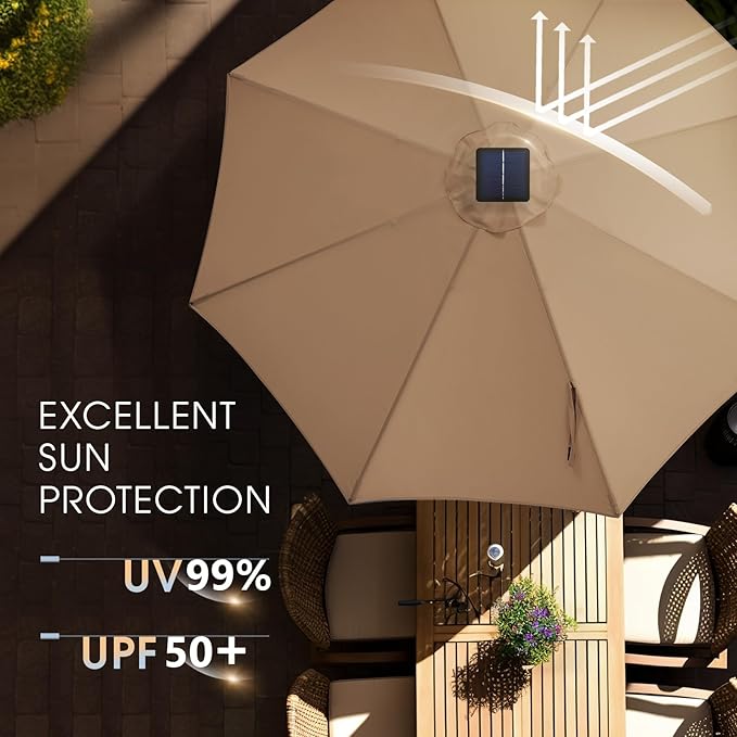 wikiwiki 9FT Solar Led Patio Umbrella, Sturdy Outdoor Market Umbrella for Deck, Pool, Garden w/Tilt, Crank, 32 LED Lights, Tan