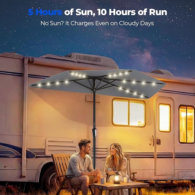 HOMSHADE 9FT Half Patio Umbrella with Solar LED Lights for Outdoor, Waterproof Half Umbrella for Small Spaces, Balcony, Deck(Dark Grey)