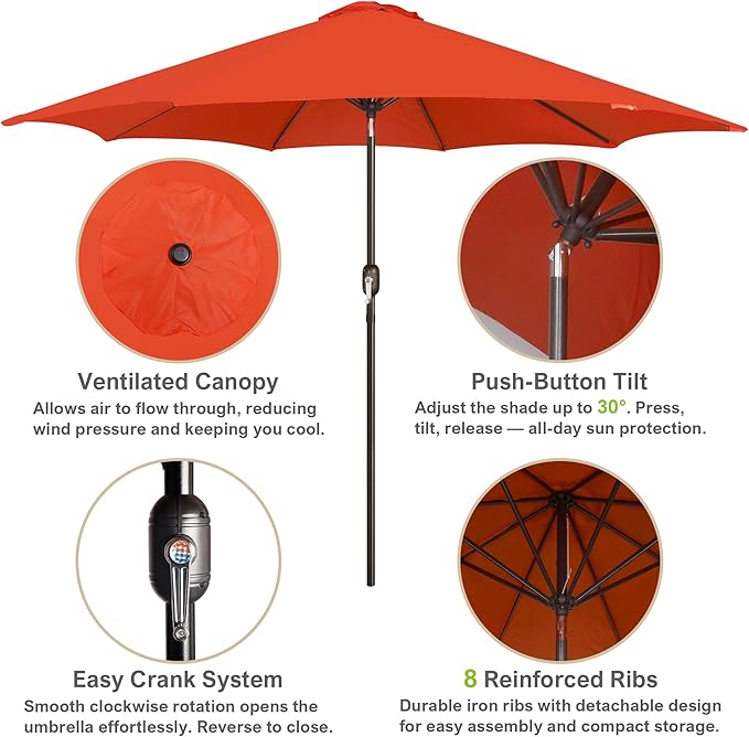 Blissun 10FT Outdoor Patio Umbrella, Outdoor Table Umbrella, Yard Umbrella, Market Umbrella with 8 Sturdy Ribs, Push Button Tilt and Crank