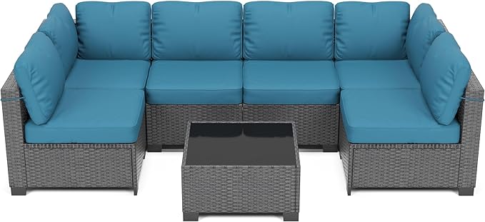 7 Piece Outdoor Patio Furniture Set, PE Rattan Conversation Sofa Set, Wicker Patio Set w/Thick Cushions & Glass Top Coffee Table, All-Weather Outside Furniture for Garden, Balcony, Porch(Dark Curry)