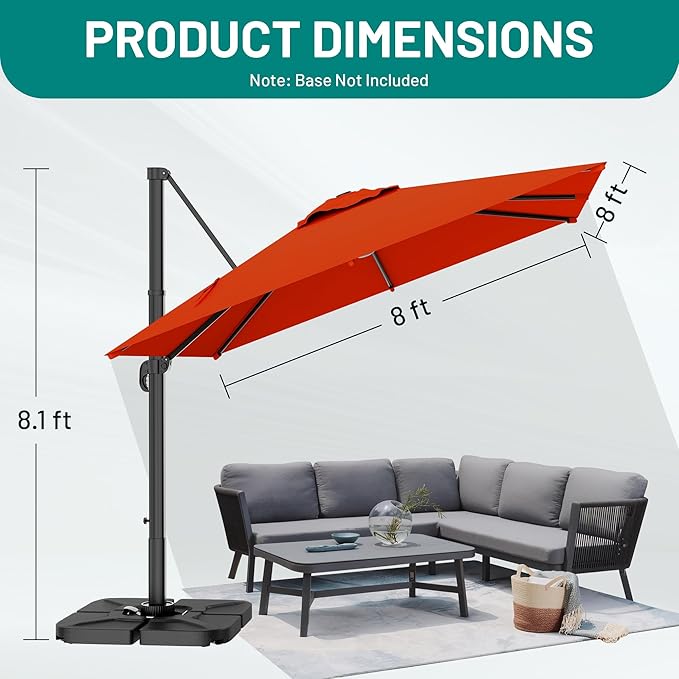 AreShark 8 X 8 FT Cantilever Patio Umbrella, 360-Degree Rotation Round Hanging Offset Umbrella with Crank, Heavy Duty Patio Umbrella for Patio, Pool, Garden, Deck, Orange
