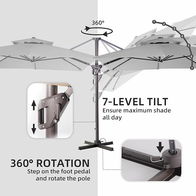 9 X 12 FT Cantilever Outdoor Patio Umbrella with LED Lights Large Heavy Duty 360° Rotation Double Top Offset Rectangular Umbrellas for Backyard Garden Pool Outside Deck, Fog Grey