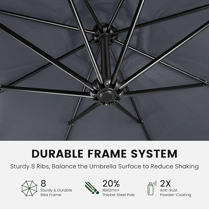 OLILAWN 10ft Patio Umbrella with Base Included, Outdoor Offset Cantilever Umbrella Upgraded Yarn-dyed Fabric Shade, Sturdy 8 Rids, Easy Tilt Adjustment, for Pool Deck Porch Backyard Garden,Charcoal