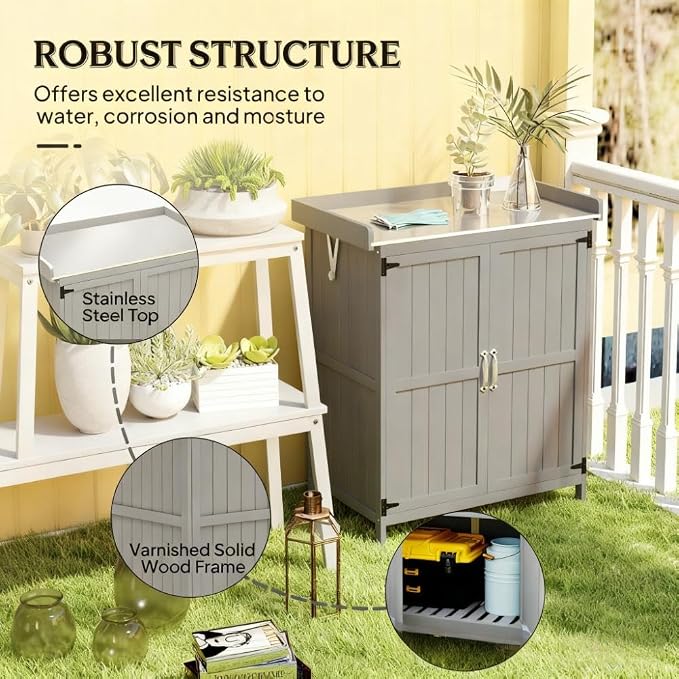 29 Inch Wooden Outdoor Storage Box and Garden Potting Bench with Stainless Steel Tabletop, Double Doors and Hinged Roof for Patio Organization and Tool Storage, Grey