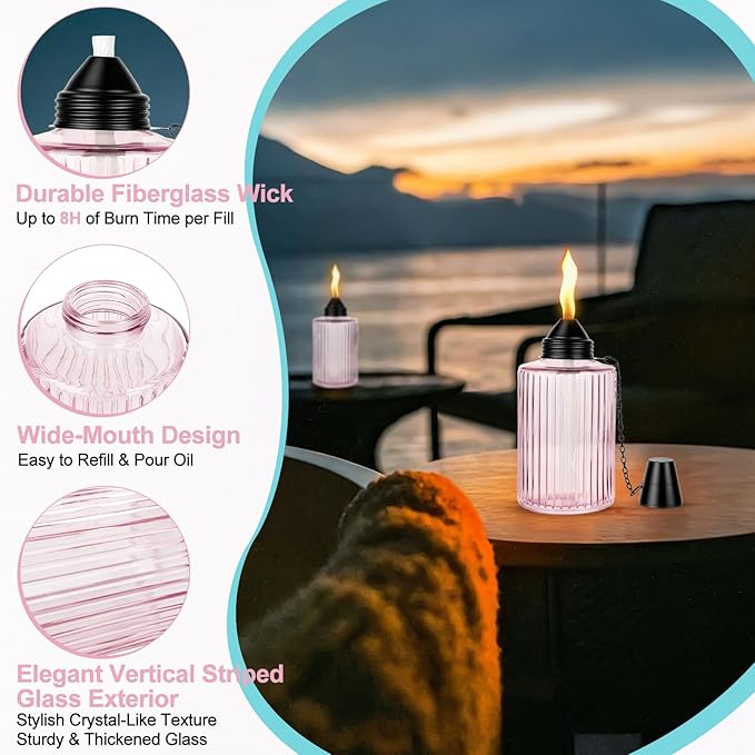 Glass Table Top Torches for Outside,4 Pack Citronella Tabletop Torch with Wick & Cap, 12oz Refillable Outdoor Torch Canisters Lanterns Torches for Luau Party, DIY Garden Decor (Pink)