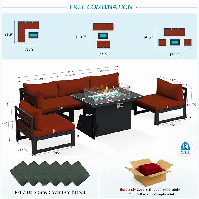 NICESOUL 6 Piece Modern Luxury Oversized Aluminum Outdoor Patio Furniture Set with Fire Pit Table, 29" Deep Wide Conversation Seating with Firepit, 500 lbs Heavy Duty L-Shaped Sectional Couch, Wine