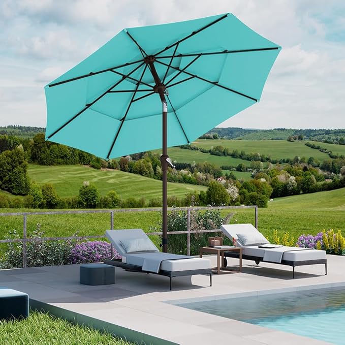 PatioKingdom 9ft 3-Tier Patio Market Umbrella with Crank/Tilt, Commercial Heavy Duty Wind Proof,Outdoor Table Umbrella with 8 Fiberglass Ribs,UPF50+ for Deck,Pool,Garden,Backyard (Peacock Blue)