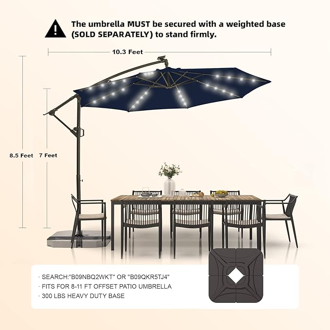 wikiwiki 10ft Solar LED Offset Hanging Market Cantilever Patio Umbrella for Backyard, Poolside, Lawn and Garden, Easy Tilt Adjustment, Polyester Shade & Cross Base, Navy