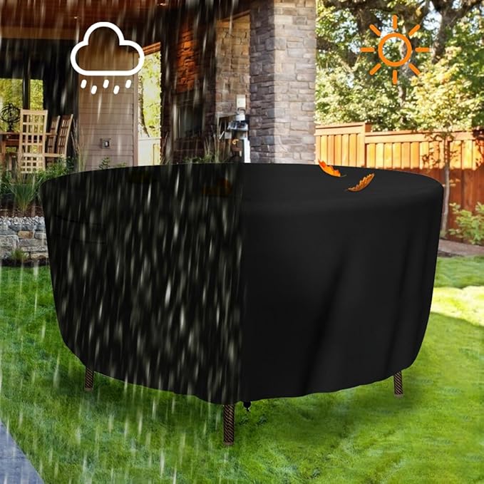 Patio Furniture Covers - Heavy Duty Round Table Cover (110D x 28H Inch) for Outdoor Dining & Coffee Table, Chair - Waterproof & Weather Resistant, Anti UV - Black