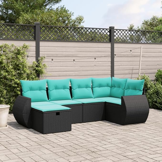 vidaXL Patio Sofa Set with Cushions 6 Piece, Outdoor Conversation Set, Sectional Sofa for Balcony Garden, Modern Style, Black Poly Rattan