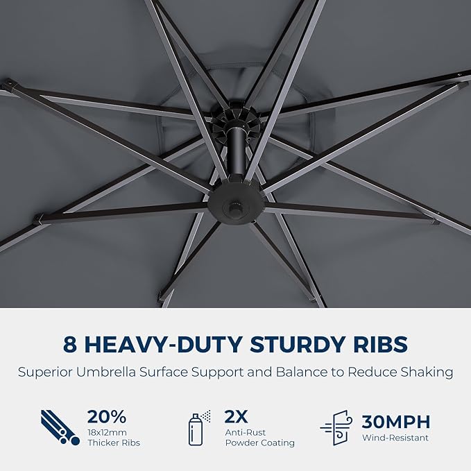 HOMSHADE 10ft Solar Lights Offset Cantilever Patio Umbrella - wtih Light and Base, LED Lighted Offset Hanging Patio Outdoor Market Umbrella UPF50+ UV Protection with Easy Tilt and Crank (Grey)