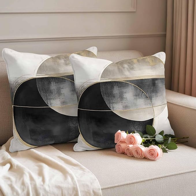 Abstract Art Outdoor Waterproof Throw Pillow Covers Set of 2, 16"x16", Mottled Geometric Moon Black Gold Circle Striped Decorative Pillow Covers Outside Cushion Case for Patio Porch Garden