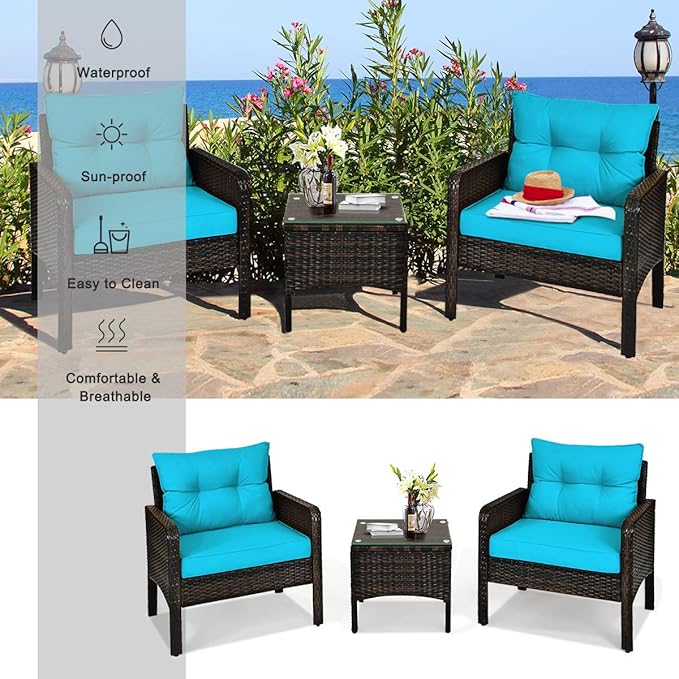 ORALNER 3-Piece Patio Conversation Set, All-Weather Wicker Sofa Chair and Coffee Table Set with Thick Cushions, Outdoor Furniture, Rattan Bistro Set for Balcony Deck Porch Poolside Garden (Turquoise)