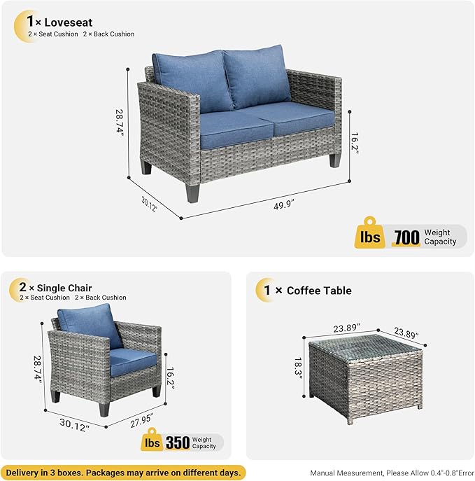 ovios 4 Pieces Patio Furniture Set, Outdoor Wicker Rattan Sofa Couch with Loveseat, Chairs, Glass Coffee Table, Conversation Sets for Yard Porch Garden, Denim Blue