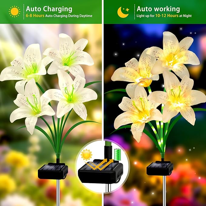 Solar Lights Outdoor, Gift for Women Mom Grandma Wife Daughter, 4 Pack 16 Solar White Lily Flower Lights, Solar Flower Lights Waterproof, Outside Decor Stake Light for Landscape Yard Patio Lawn Garden