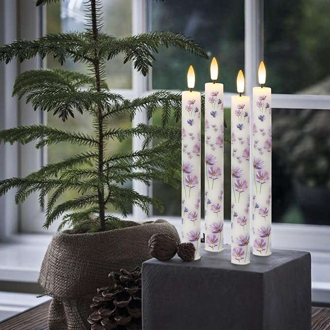Wondise Flameless Flickering Candles with Remote and Timer, 4 Pack Real Wax Battery Operated LED Taper Candles 3D Wick Purple Flower Decal for Dinner Wedding Spring Home Decor(0.78" D x 9.64" H)