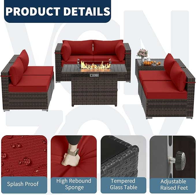 8 Piece Patio Furniture Set with 43" Fire Pit Table, Outdoor Sectional Sofa Set Heavy Duty Wicker Furniture Set with 2 Waterproof Covers
