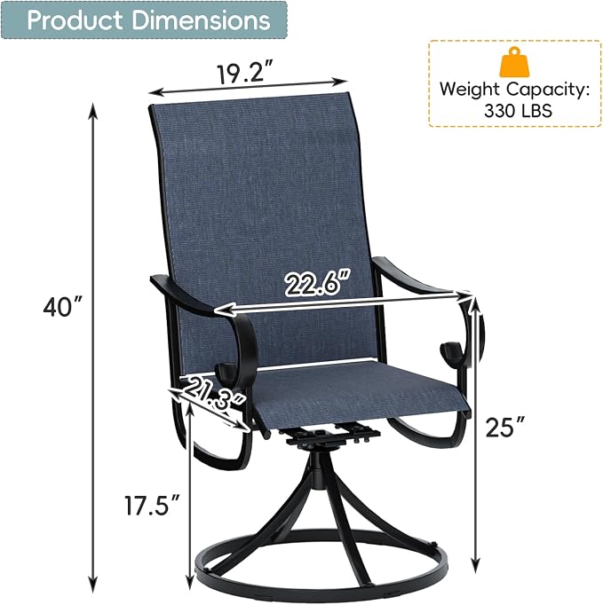 5 Piece Patio Dining Set for 4 Swivel Chairs and 42” Round Metal Table with Umbrella Hole, All Weather Patio Dining Furniture Set for Deck Lawn Backyard, Black Table and Navy Blue Chairs Set