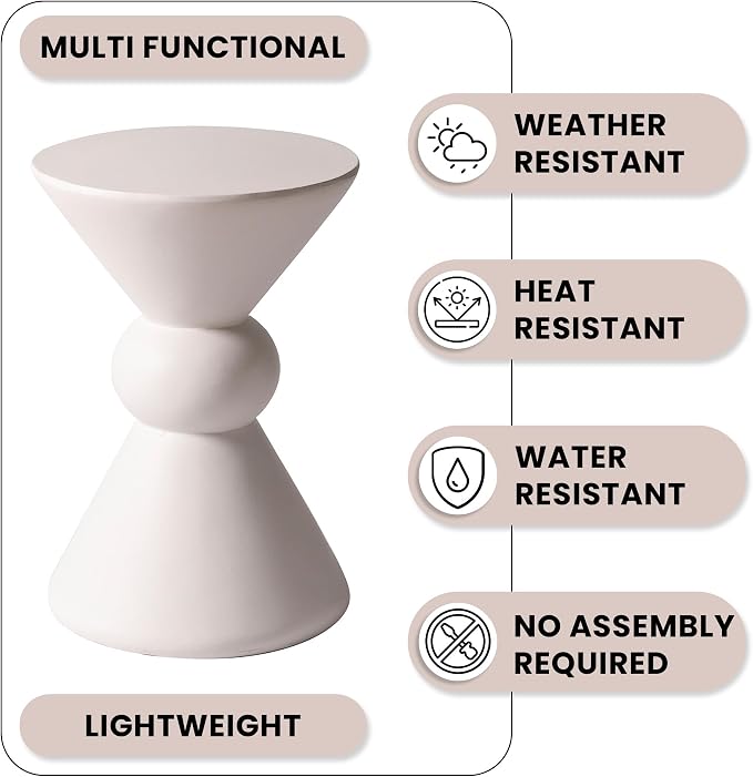 LeisureMod Modern Round Side Table, 18-inch Cream Fiberstone Accent End Table – Weather-Resistant Concrete Look Pedestal Table for Living Room, Patio, Garden & Outdoor Decor