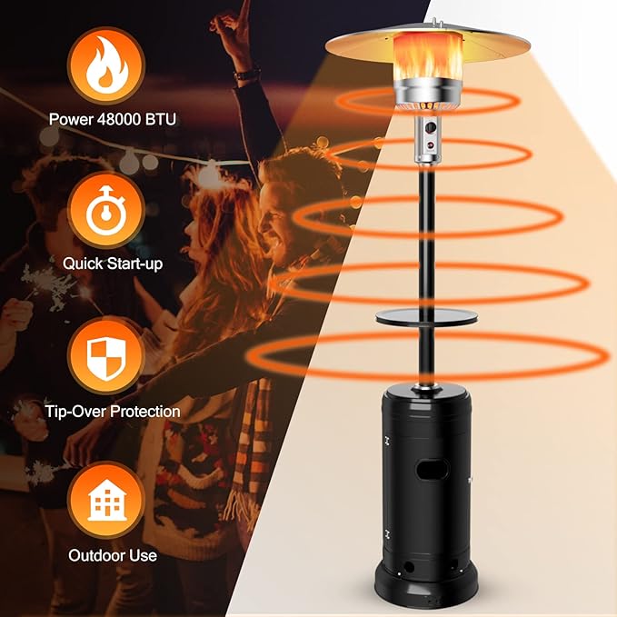 Giantex Outdoor Propane Heater, 50000 BTU Standing Gas Heater w/Shelf Tabletop & Wheels, Tip-Over Protection & Auto Shut Off, CSA Certified, Portable Patio Heater for Home & Commercial Use (Black)