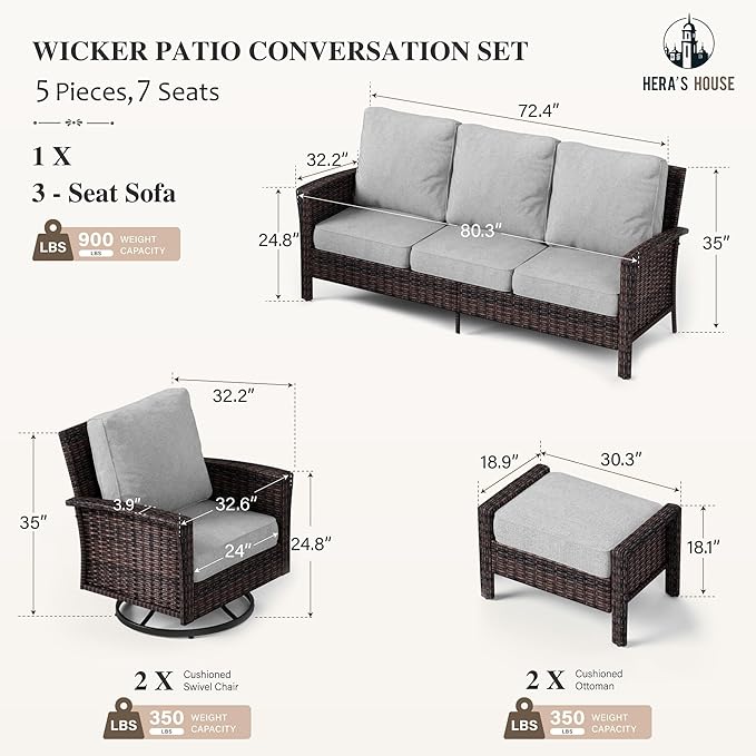 HERA'S HOUSE Patio Furniture Set with High Back Swivel Chair, 6-Piece Outdoor Wicker Sectional Conversation Set with Ottomans, 3-Seat Couch with 5.5" Thick Cushions for Deck Garden Backyard, Gray