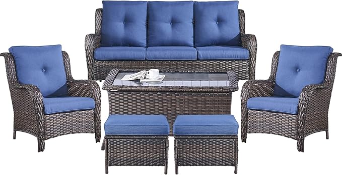 Belord Patio Wicker Sofa Set 6 Pieces Patio Furniture Set Outdoor Couch, 2 Patio Wicker Chairs with 1 Sofa, Coffee Table and Ottomans, Patio Conversation Set for Porch Garden Deck Balcony Poolside