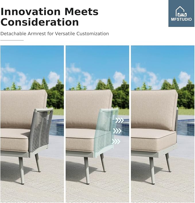 MFSTUDIO 8 Pieces Metal Patio Furniture Sets with Detachable Rope Rattan Armrest, 7 Seats Steel Outdoor Conversation Set All Weather Patio Sectional Couch with Coffee Table & Ottomans, Beige Cushion